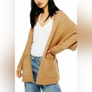 TOPSHOP Oversized Loose Cardigan Sweater US 14 Camel Pockets Side Slits NWT